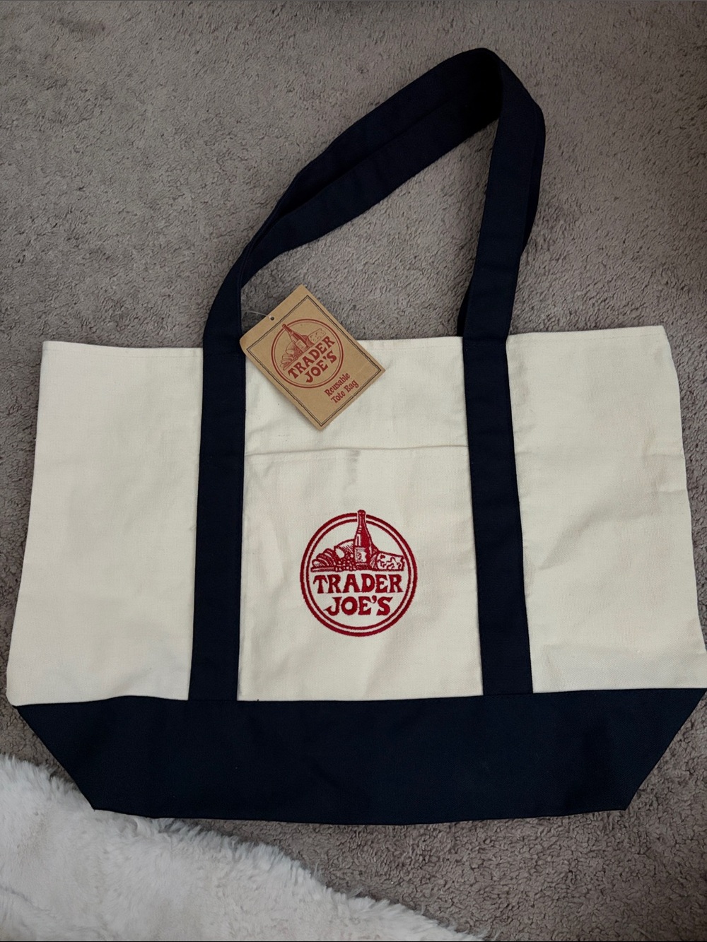 Trader Joe's Canvas Tote Bag in Cream and Navy